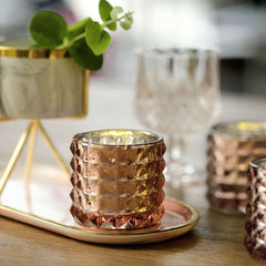6-Pack Mercury Glass Votive Holders Studded Faceted Design Rose Gold - Tealight Candle Holders 3"