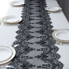 Premium Lace Fabric 15"x117" Table Runner Black - Scalloped Lace Elegance
