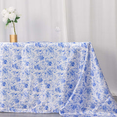 Satin Round 90"x132" Tablecloth White/Blue French Toile Design - Seamless Stylish & Wrinkle-Resistant Table Cover