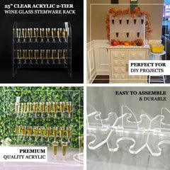 2-Tier Acrylic Champagne Glass Holder Display Stand Table Top Clear - Modern Stemware Rack Cocktail Drink Holder with 18 Hooks for Events & DIY Bars 25"