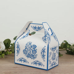 25 Pack Candy Gift Tote Gable Boxes in White Royal Blue Damask Floral Pattern, Party Favor Treat Boxes - 6"x3.5"x7"