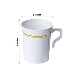 8-Pack Plastic Coffee Mugs White with Gold Stripes - Sturdy Disposable Cups for Coffee and Tea 8oz 3.5"