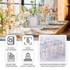 25-Pack Paper Wedding Table Numbers 1-25 White/Blue French Toile Design - Free Standing Double Sided Table Signs with Glam Gold Foil Numbers 7"
