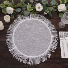 4-Pack Placemats Fringe Edge Design White Jute Round - Rustic Boho Chic Burlap Table Decor 16"