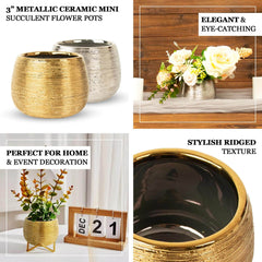 4-Pack Flower Vase Pots Textured Round Design Gold - Ceramic Brushed Indoor Planters 3"
