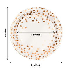 25 Pack 7" White Rose Gold Polka Dot Dessert Appetizer Paper Plates, Disposable Salad Party Plates - 300 GSM