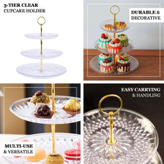 3-Tier Acrylic Cupcake Stand Clear - Sturdy Dessert Serving Tray Platter with Gold Top Handles for Classy Special Occasions & Dessert Buffets 12"
