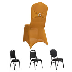 Spandex Chair Cover with Gold Rhinestone Buckled Sash Band Blush - Stylish Stretch Fitted Slipcover for Banquets & Events