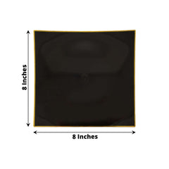 10-Pack Plastic 8" Square Dessert Plates in Black Concave Style with Gold Rim - Modern Disposable Salad Appetizer Party Plates