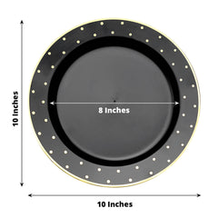 10 Pack 10" Black With Gold Dot Rim Plastic Dinner Plates, Round Disposable Tableware Plates