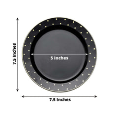 10 Pack 7.5" Black With Gold Dot Rim Plastic Dessert Plates, Round Salad Disposable Tableware Plates