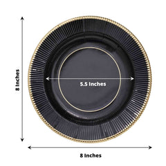 25-Pack Paper 8" Round Dessert Plates in Black Sunray Design with Gold Rim - Disposable Heavy Duty 350GSM Appetizer Salad Plates