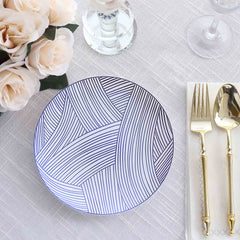 10-Pack Plastic 7" Round Dessert Plates in White with Blue Wave Brush Strokes Pattern - Disposable Appetizer Salad Plates