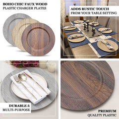 6-Pack Plastic Round Charger Plates 13" in Gray with Faux Wood Finish, Rustic Boho Chic Dinner Party Charger Tableware