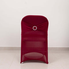 Stretch Spandex Chair Cover Burgundy for Folding Chairs - Secure Fit Slipcover with Silver Rhinestone Buckled Sash Band