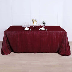 90x156" Burgundy Seamless Sequin Rectangle Tablecloth for 8 Foot Table With Floor-Length Drop