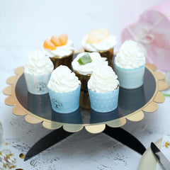 1-Tier Cardboard Cake Stand Black - Stylish Reusable Cupcake Dessert Holder with Gold Scalloped Rim for Baby Showers Birthdays & Events 13"