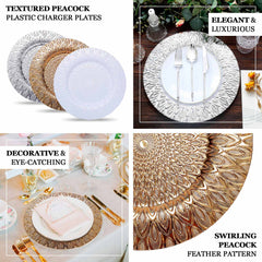 6-Pack Plastic Round Charger Plates 13" in Gold with Embossed Peacock Pattern, Stylish Disposable Charger Tableware
