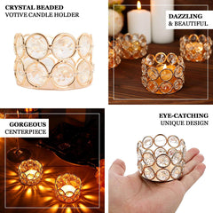 6-Pack Crystal Beaded Tea Light Candle Holders Gold Metal 1.5" - Stylish Votive Candle Stands for Weddings
