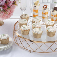 Metal Cake Stand Geometric Diamond Cut Design Gold with Glass Top - Dessert Display Riser 14"