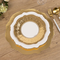 75 Pcs Paper Charger Plates with Gold Embossed Scalloped Rim White - Heavy Duty Disposable Dinner and Salad Plates 8",10",13"
