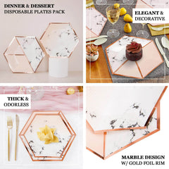 50-Pack Paper Hexagon Dinner and Dessert Plates in Blush with Marble Design & Rose Gold Foil Rim - Chic Disposable Geometric Party Plates Set for 25 Guests 8", 10"