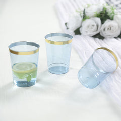 25-Pack Plastic Tumbler Cups Transparent Dusty Blue with Gold Rim - Stylish Disposable Party Glasses 10oz