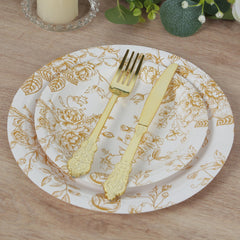 25-Pack Paper 7" Round Dessert Plates in White with Gold French Toile Pattern - Disposable Floral Salad Appetizer Plates for Chic Event Decor