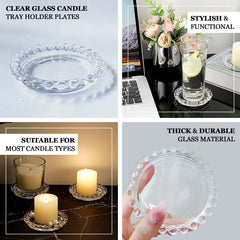 6-Pack Glass Pillar Candle Holder Plates Clear with Beaded Rims - Transparent Small Round Coaster Trays 4"