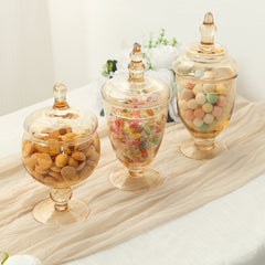 Set of 3 Glass Jars Apothecary Design Amber Gold and Snap-On Lids - Stylish Decorative Candy Buffet Storage 8.5", 9", 10"
