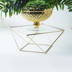 Metal Cake Stand Geometric Pedestal Riser Design Gold with Square Glass Top - Display Centerpiece 14"