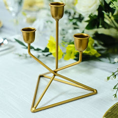 2-Pack Triangle Base Geometric Taper Candelabra 3 Arm Candle Holder Design Gold Metal - Decorative Centerpiece 7"