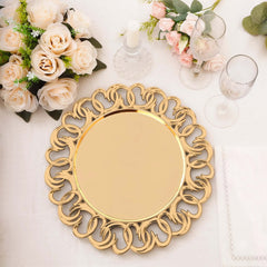 6-Pack Plastic Round Charger Plates 13" in Gold with Entwined Swirl Rim, Plastic Disposable Decorative Chargers