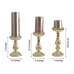 Set of 3 Candle Holder Stands Gold Mercury Glass Pillar Design - Stylish Votive Centerpieces for Tables & Decor 7", 8", 10"