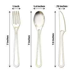 24-Pack Plastic Utensil Set with Modern Hollow Handle Design Gold - Disposable Silverware 7" for Parties