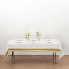 Paper Linen-Like Tablecloth Rectangle White with Gold Striped Border - Decorative Disposable Cover for Events 50"x108"