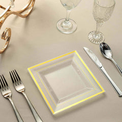 10-Pack Plastic Salad Dessert Plates Clear Square with Gold Trim - Durable Disposable Appetizer Plates 7"