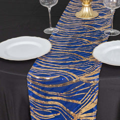 Sequin Mesh 12"x108" Table Runner Royal Blue Stylish Wave Embroidery