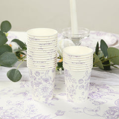 24-Pack Paper Cups in White with Lavender Lilac French Toile Print - Stylish Disposable Floral Party Cups for Weddings & All Purpose Use 9oz