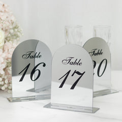 Silver Mirror Arch Acrylic Table Numbers (11-20) - 6"x7" Wedding Reception Signs with Black Print & Stands