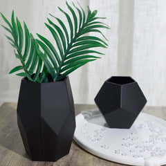 Set of 2 Glass Flower Vases Geometric Design Matte Black - Stylish Modern Candle Holder Centerpieces 5", 8"