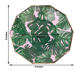 25-Pack Paper 9" Decagon Dinner Plates in Pink with Green Tropical Palm Leaves & Gold Rim - Disposable Geometric Party Plates for Luau & Summer Gatherings