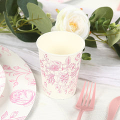 24-Pack Paper Cups in White with Pink French Toile Print - Stylish Disposable Floral Party Cups for Weddings & All Purpose Use 9oz