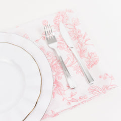 5 Pack 20"x20" Pink French Toile Polyester Cloth Napkins, White Floral Reusable Dinner Table Linens