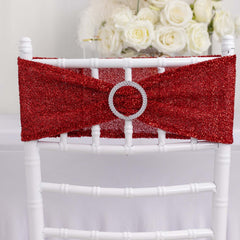 5 Pack Chair Sashes Shimmer Tinsel Spandex 5"x12" with Silver Rhinestone Buckles Red - Stylish Chair Bands