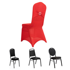 Spandex Chair Cover with Red Rhinestone Buckled Sash Band Blush - Stretch Fitted Slipcover