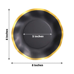 25-Pack Paper Round Dessert Plates 8" Matte Black with Gold Wavy Rim - Disposable 350GSM Salad Plates