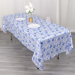 Satin Round 60"x102" Tablecloth White/Blue French Toile Design - Stylish & Wrinkle-Resistant Table Cover