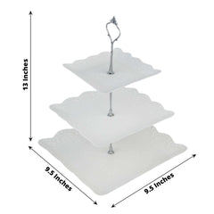 3-Tier Plastic Square Cupcake Stand Tower White - Charming Easy to Assemble Dessert Display Serving Tray Platter with Floral Embossed Scalloped Rim & Silver Handle for Tea Parties Weddings & Special Occasions 13"