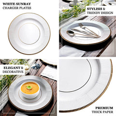 25-Pack Disposable Round Charger Plates in White Sunray Design with Gold Rim - 350GSM Heavy Duty Paper Chargers for Chic Table Settings 13"